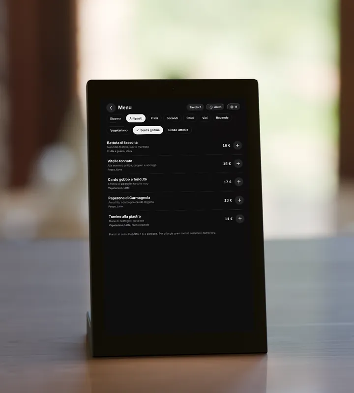 Display al tavolo: Il menu, con allergeni e filtri